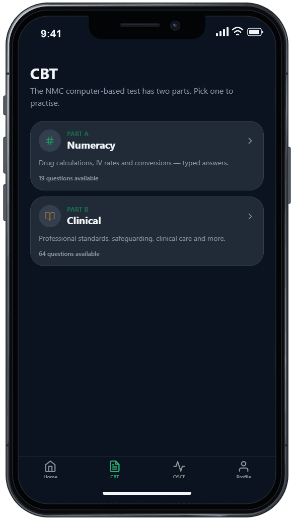 Phone showing the app's CBT screen with Part A numeracy and Part B clinical practice sets