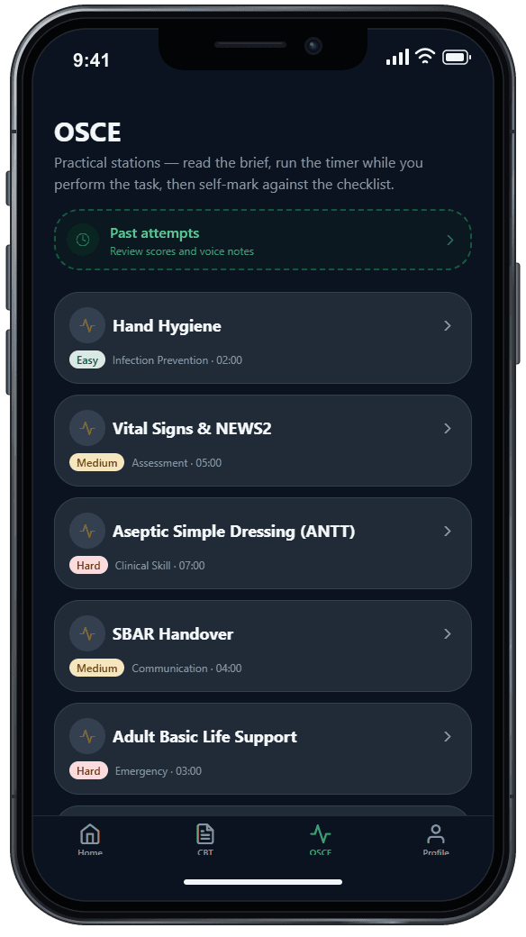 Phone showing the app's OSCE screen with timed stations and difficulty levels