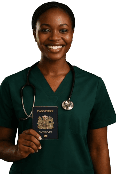 A nurse in green scrubs holding up her passport