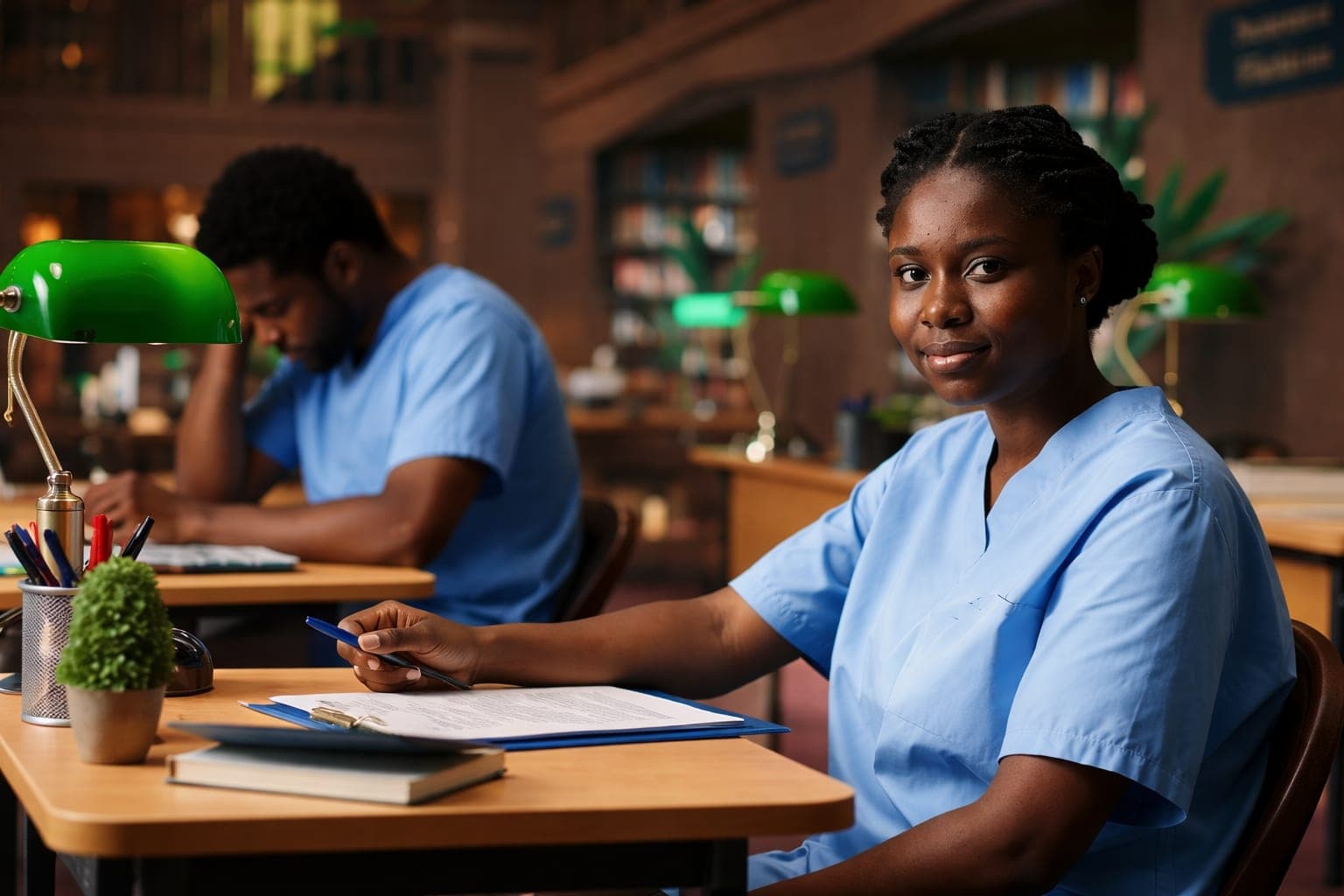 A nurse studying at a library desk